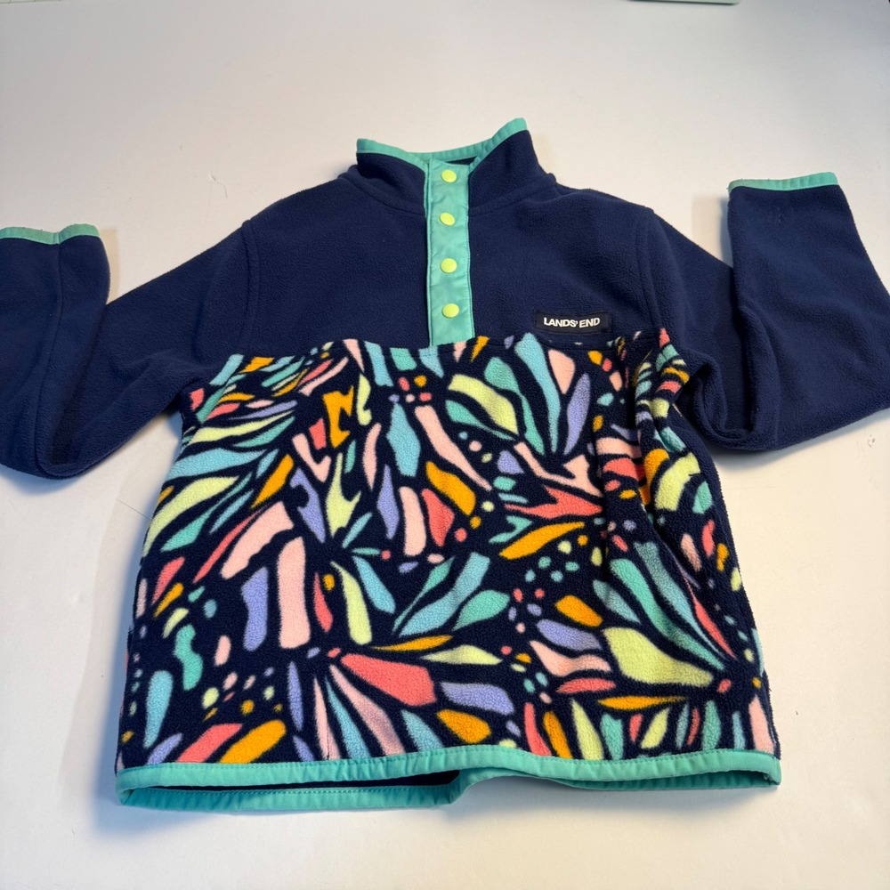 Lands End Kids Fleece Pullover Navy Blue Multi Abstract Print Snap Mock Neck 4-5